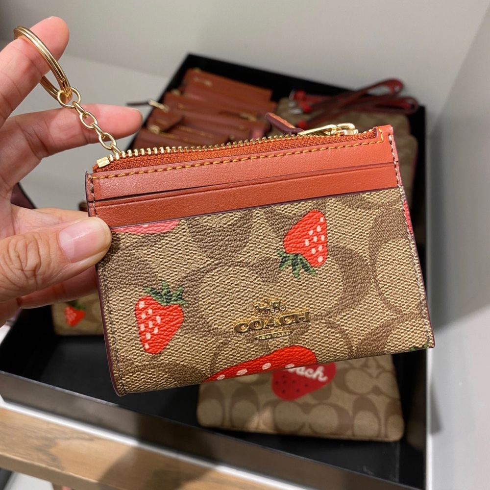 NWT Coach Mini Skinny Id Case In Signature Canvas With Wild Strawberry Print